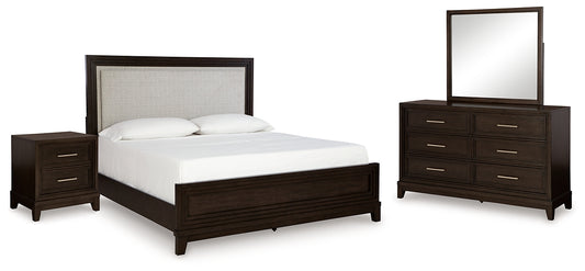 Neymorton Queen Upholstered Panel Bed with Mirrored Dresser and Nightstand