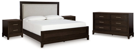 Neymorton California King Upholstered Panel Bed with Dresser and 2 Nightstands