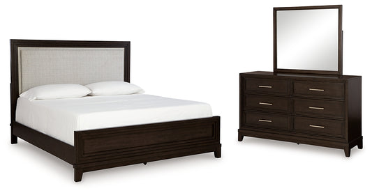 Neymorton Queen Upholstered Panel Bed with Mirrored Dresser