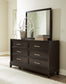 Neymorton Queen Upholstered Panel Bed with Mirrored Dresser, Chest and 2 Nightstands