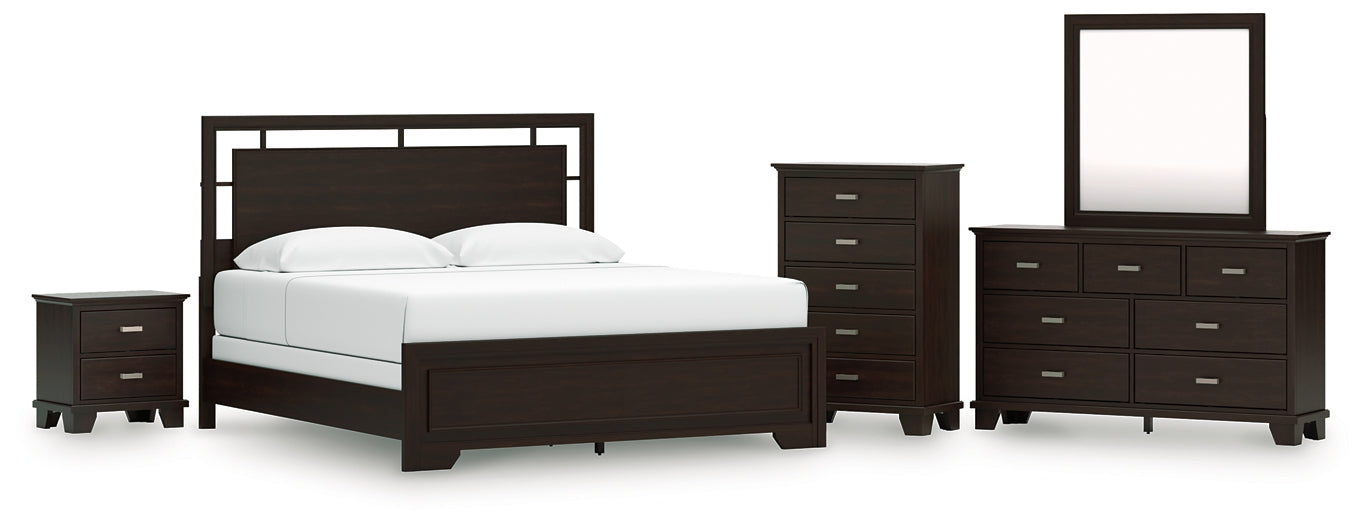 Covetown California King Panel Bed with Mirrored Dresser, Chest and Nightstand